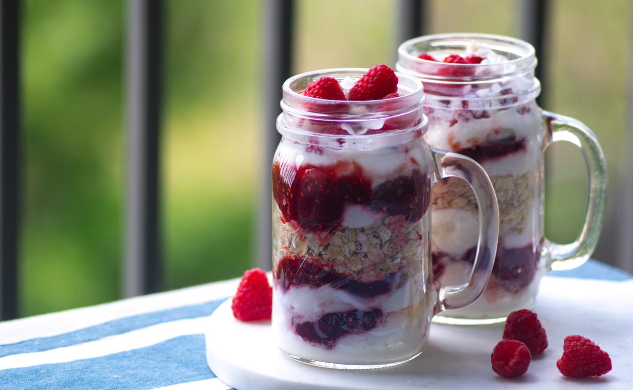 muesli, fruit and yoghurt