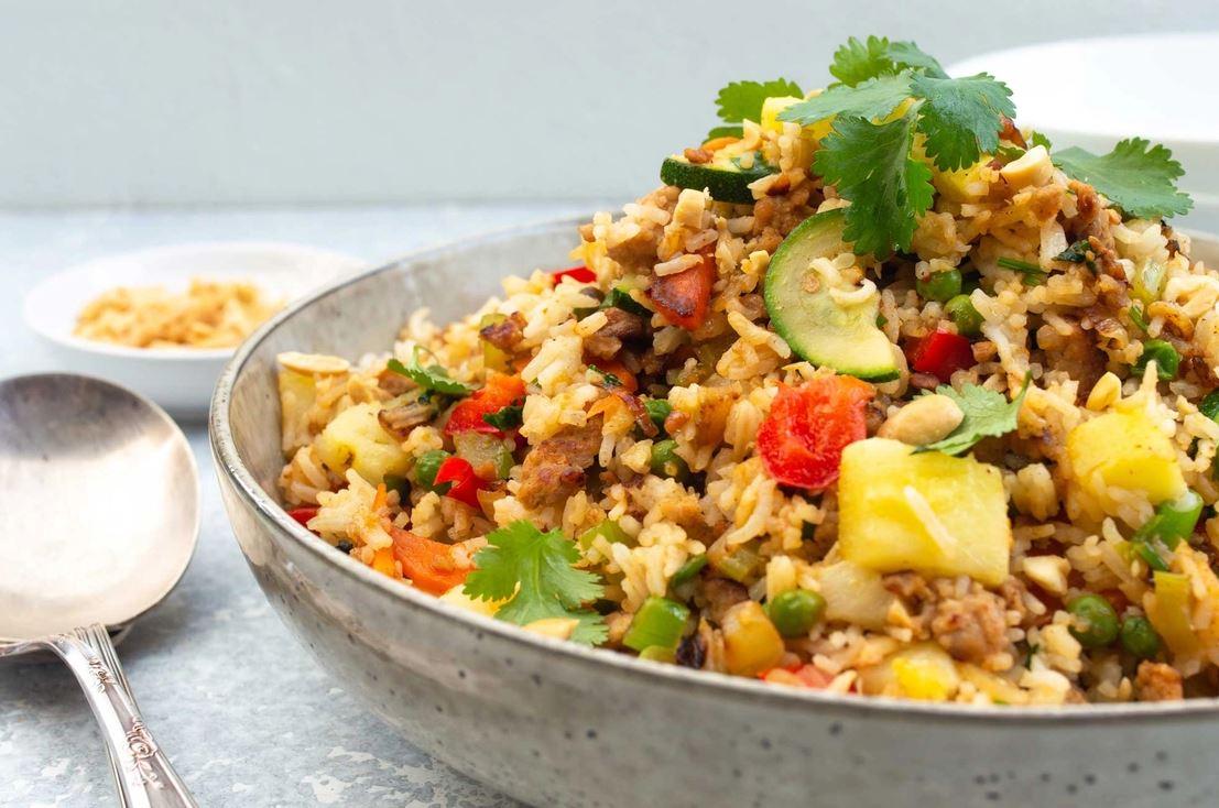 Bowl of pork and pineapple fried rice